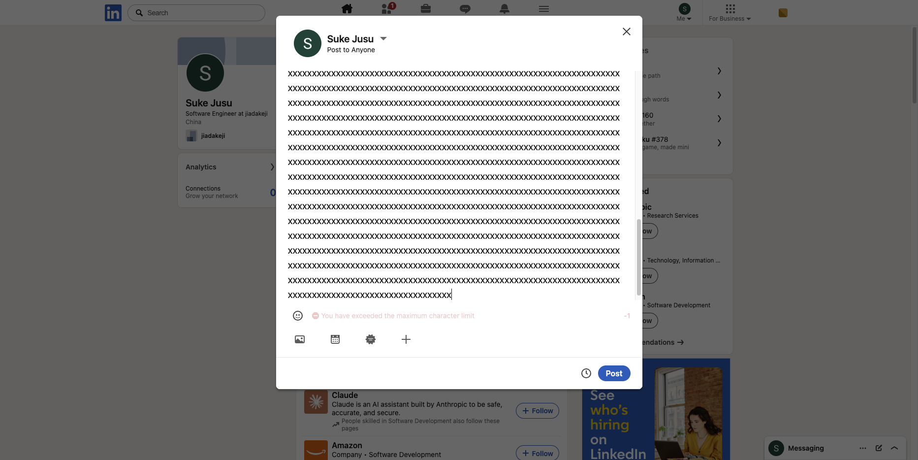 The LinkedIn composer refusing 3,001 characters and showing a remaining count of minus one. Tested 2026-08-24.