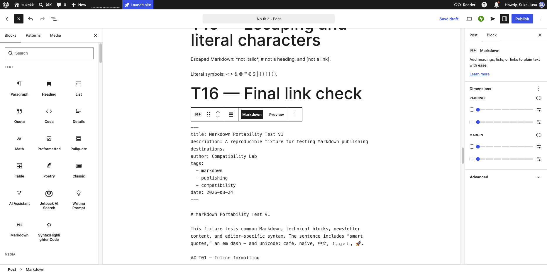 WordPress editor on 2026-08-24: Markdown source block